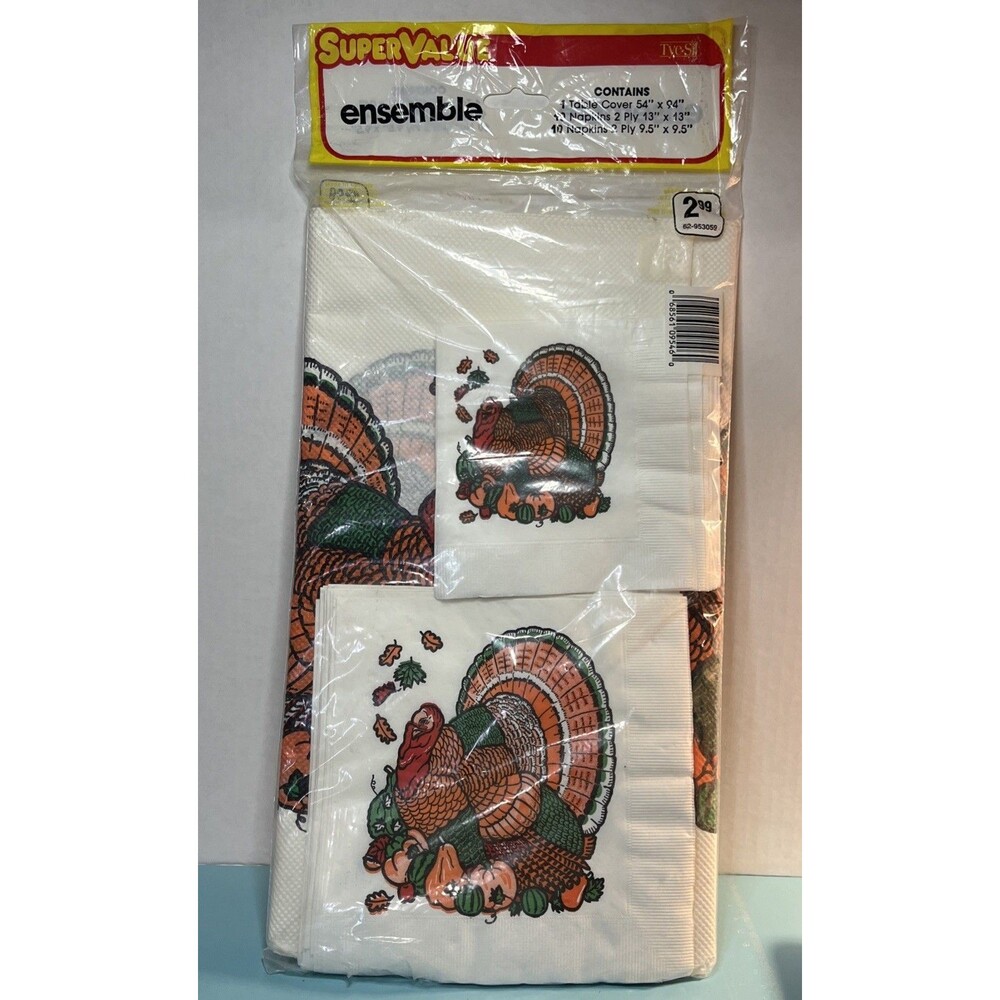 Tye-Sil Thanksgiving Turkey Paper Table Cover & Napkins Dinner Party Set Vtg